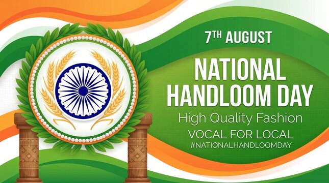 National Handloom Day Vector Banner Design with Indian Flag Colors, Ashoka Chakra, and Wheat Ears for 7th August Vocal for Local Promotion