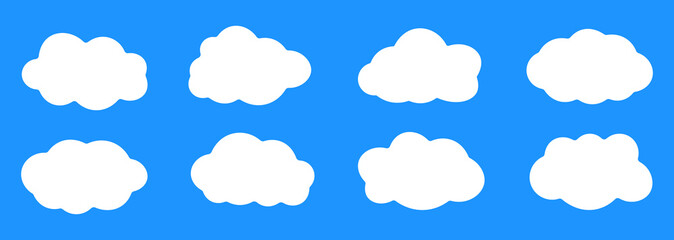 Fototapeta premium Cartoon cloud icons set isolated on blue background. Soft fluffy weather symbols for sky forecasts apps websites and creative design projects. Flat vector collection.