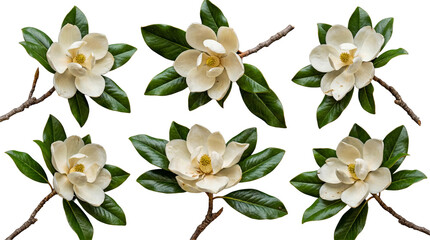 Beautiful set of magnolia flowers with dark green leaves and sturdy branches isolated on a transparent background. © Kayleigh