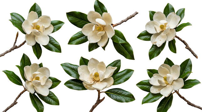 Beautiful set of magnolia flowers with dark green leaves and sturdy branches isolated on a transparent background.