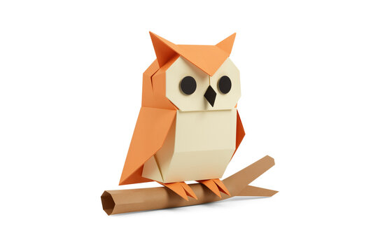 Charming Geometric Origami Owl in Orange and Cream Sitting on Paper Twig