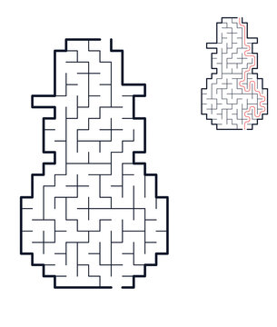 Snowman maze puzzle for kids winter activity sheet with solution and logic game concept for educational holiday worksheet