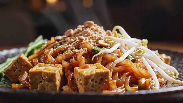 Close-up of a delicious plate of vegan Pad Thai noodles with tofu, crushed peanuts, and fresh bean sprouts on a dark plate.