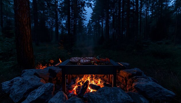 Juicy steaks grilling over a glowing campfire in a peaceful pine forest during blue hour. Warm firelight contrasts with the cool woodland atmosphere, creating a cozy outdoor camping scene.