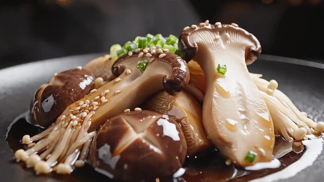A close-up shot of a gourmet mushroom medley featuring shiitake, king oyster, and enoki mushrooms, garnished with sesame seeds and green onions, served with a savory sauce on a dark plate.