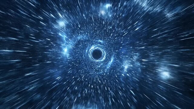 A visual representation of a journey through a blue cosmic wormhole.