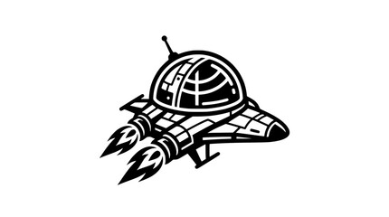 Retro futuristic flying saucer with flames, black and white cartoon illustration © Jui