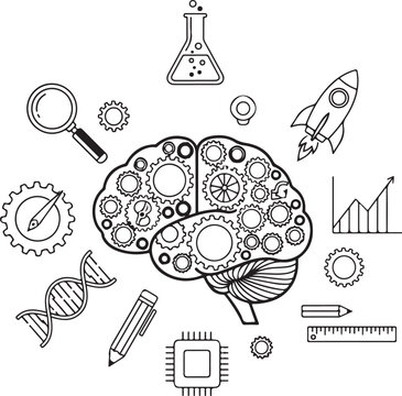 Brain gears, science icons, innovation symbols, technology concepts