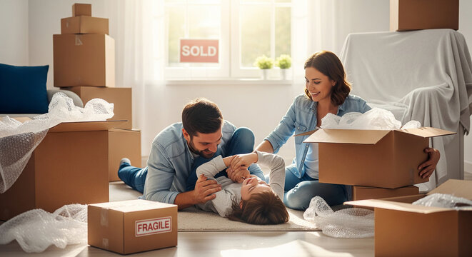 Parents playing with their young child while unpacking in their new home, blending family fun with the chaos of moving