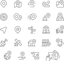 Fototapeta premium Navigation and Location Pin Line Icons Set – GPS Map Marker, Route, Tracking, Compass, Geolocation and Navigation Editable Stroke Vector Collection