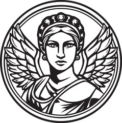 Naklejka premium Winged goddess illustration, regal bearing, laurel wreath crown, detailed feathered wings, encircled in a decorative border.