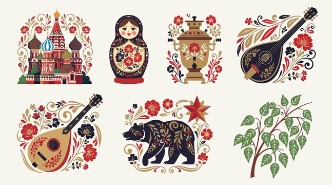 Russian folk art icons: Matryoshka, St. Basil's, samovar, bear, mandolin