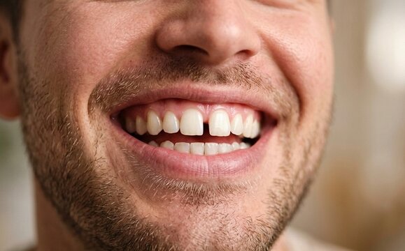 Close up portrait of a man smiling with midline diastema.