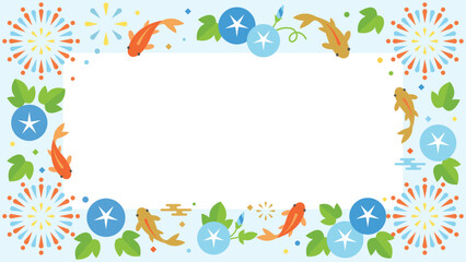 Fototapeta premium Japanese Summer Festival Border Background with Fireworks Koi Fish and Morning Glory
