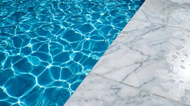 Blue swimming pool water beside white marble tile deck.