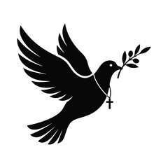 Obraz premium Flying peace dove holding an olive branch and wearing a Christian cross silhouette vector illustration