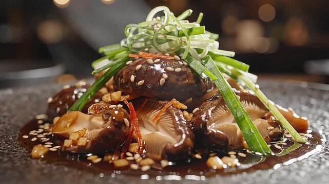 Gourmet shiitake mushroom dish with savory sauce, sesame seeds, nuts, and fresh green onion garnish on a dark plate.