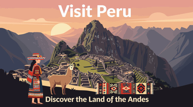 Visit Peru: Machu Picchu, Llama, Woman, Andes Mountains, Sunset
