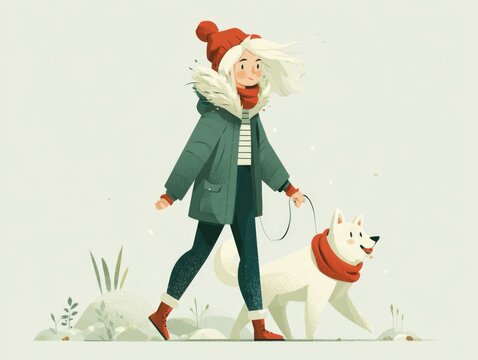 Woman walking white dog in winter outdoor lifestyle illustration