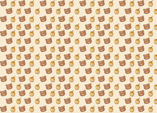 Cute seamless pattern with bear faces and yellow honey pots on a beige background