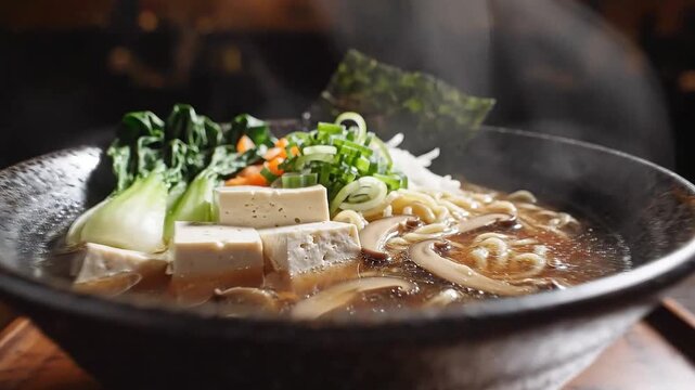 Steaming bowl of vegan ramen with tofu, bok choy, mushrooms, and noodles in a rich broth.