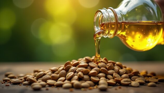 Oil droplets fall from glass bottle onto hemp seeds, botanicals, plant details, texture