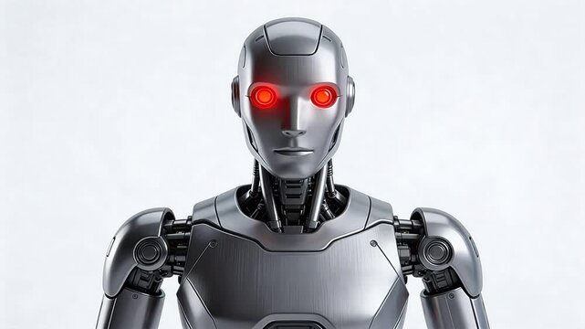 Silver humanoid robot with red eyes