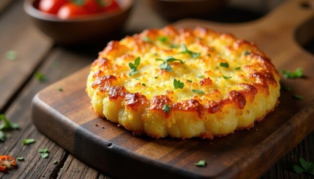Pan-seared potato rosti with golden crispy edges, served on a rustic wooden board, crispy, flatbread, food