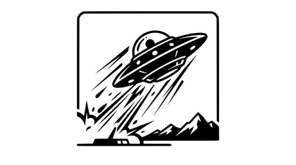 UFO flying saucer ascending over mountains and landscape, retro style illustration © Lah