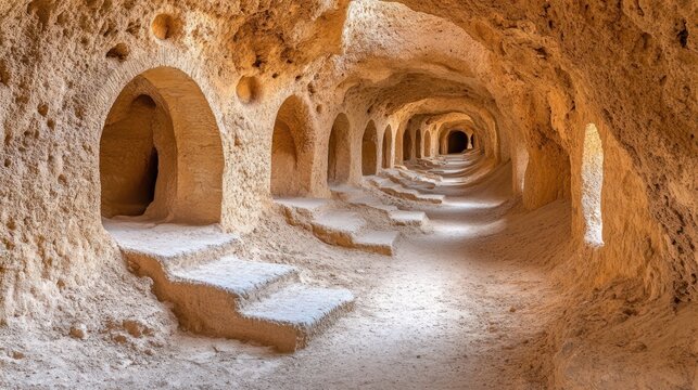 Ancient cave tunnel, arches, light