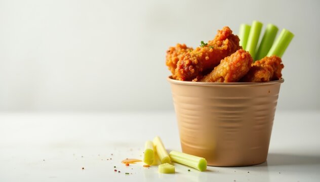 Paper bucket filled with crispy fried chicken wings and celery sticks, appetizers, crunchy snacks, food lover