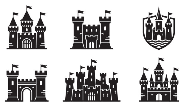 Medieval Castle Icons Black Silhouette Set Isolated on White Background