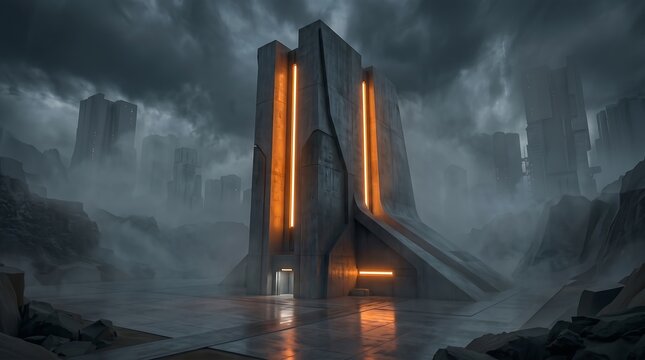 Futuristic alien monolith structure at night under stormy clouds with sci fi monolith structure futuristic mysterious architecture dramatic landscape building cinematic technology abstract