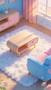 Cozy pastel living room with minimalist wooden furniture and warm window sunlight