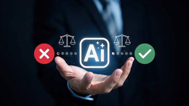 Businessman holding artificial intelligence ai symbol with correct and wrong signs