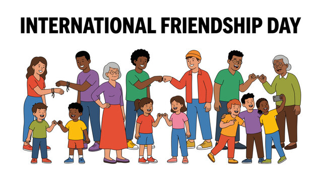 International Friendship Day: A vibrant illustration depicting people of all ages and ethnicities celebrating International Friendship Day, connecting through gestures of goodwill and camaraderie.