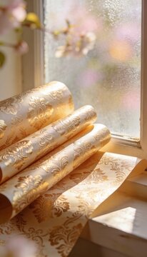Rolls of gold damask wallpaper sitting on a windowsill in bright morning sunlight