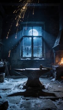 Ancient Blacksmith Anvil in Snowy Workshop Under Full Moon with Falling Sparks