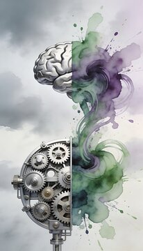 Conceptual human brain and mechanical gears merging with artistic watercolor splashes in cloudy sky
