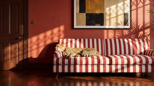 A leopard rests on a red and white striped sofa in a sunlit room with decorative wall art interior wildlife furniture sunlight predator relaxation aesthetic patterns textiles homeware