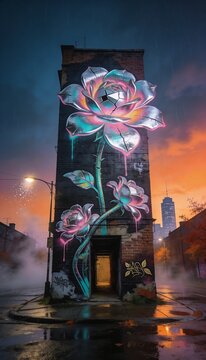 Vibrant glowing rose mural on tall brick building during rainy urban sunset