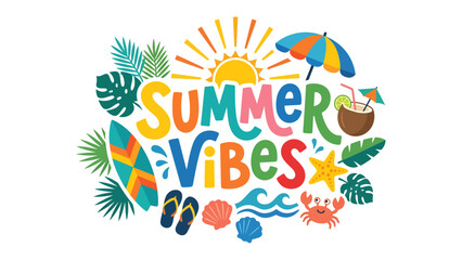 Summer Vibes: A vibrant illustration captures the essence of summer with colorful typography, tropical leaves, a surfboard, flip-flops, and beach accessories, exuding a fun and relaxed atmosphere. © Karima