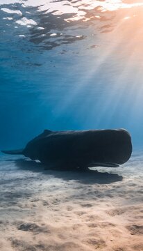 Massive Sperm Whale Resting on Sandy Ocean Floor with Shimmering Sun Rays