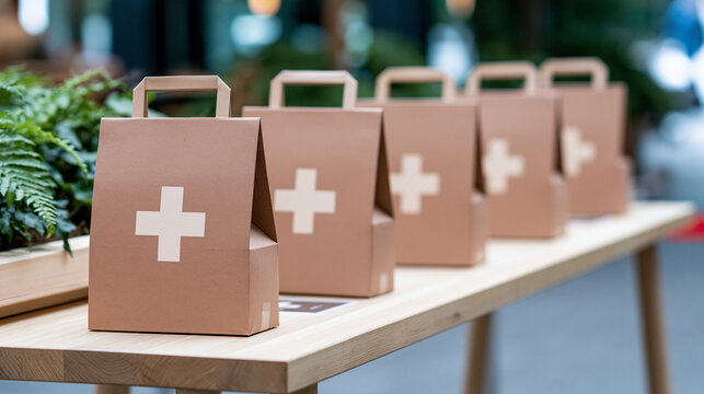 Brown paper bags featuring a prominent white cross symbol arranged in a row on a wooden surface. Ready for distribution as essential medical supplies. Emergency provisions