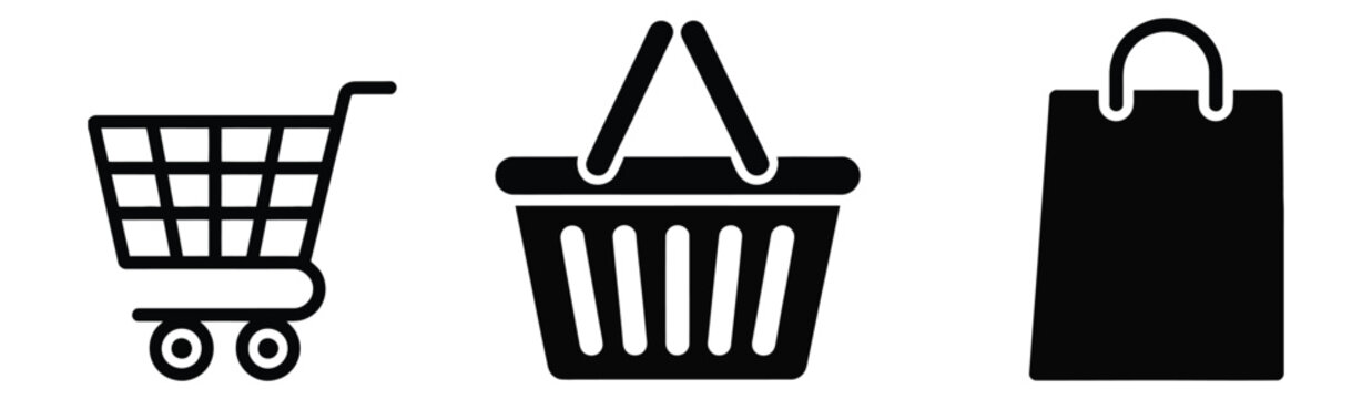 Shopping cart icons, set of shopping cart basket and bag symbols vector illustration, retail e-commerce concept, black outline minimal design isolated transparent background.
