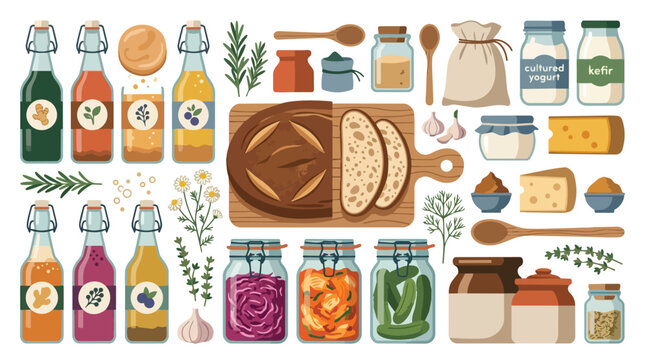 Set of Various Food Ingredients and Kitchen Pantry Staples Illustration.