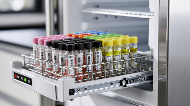 Storing medical samples in a laboratory refrigerator, a drawer holding organized test tubes with different colored caps, securing research and diagnostic materials for science