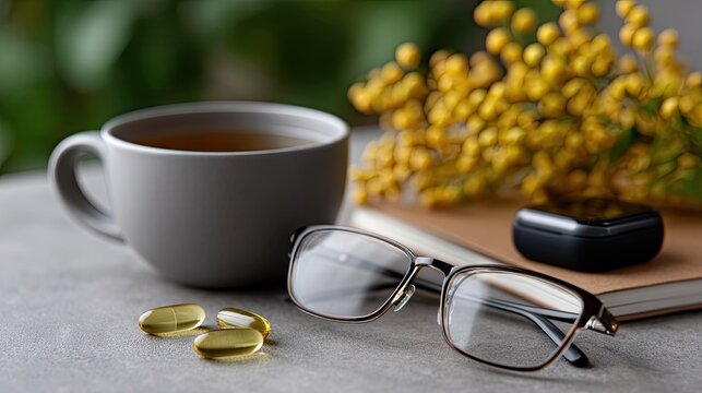 Overhead flat lay of healthy aging essentials with breakfast, glasses, smart device, and tea in a home setting during autumn