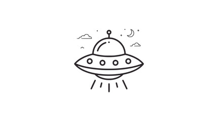 Flying Saucer UFO, Moon and Clouds, Outer Space Illustration, Simple Line Art © Lah
