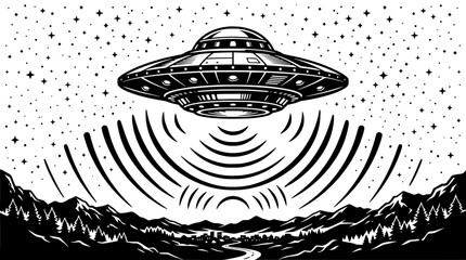 Retro UFO Flying Saucer Over Forested Mountains and Valley at Night © Lah